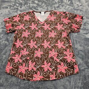 Nu Dimension Stretch Scrub Top Womens Large v neck  floral Nursing uniform SS